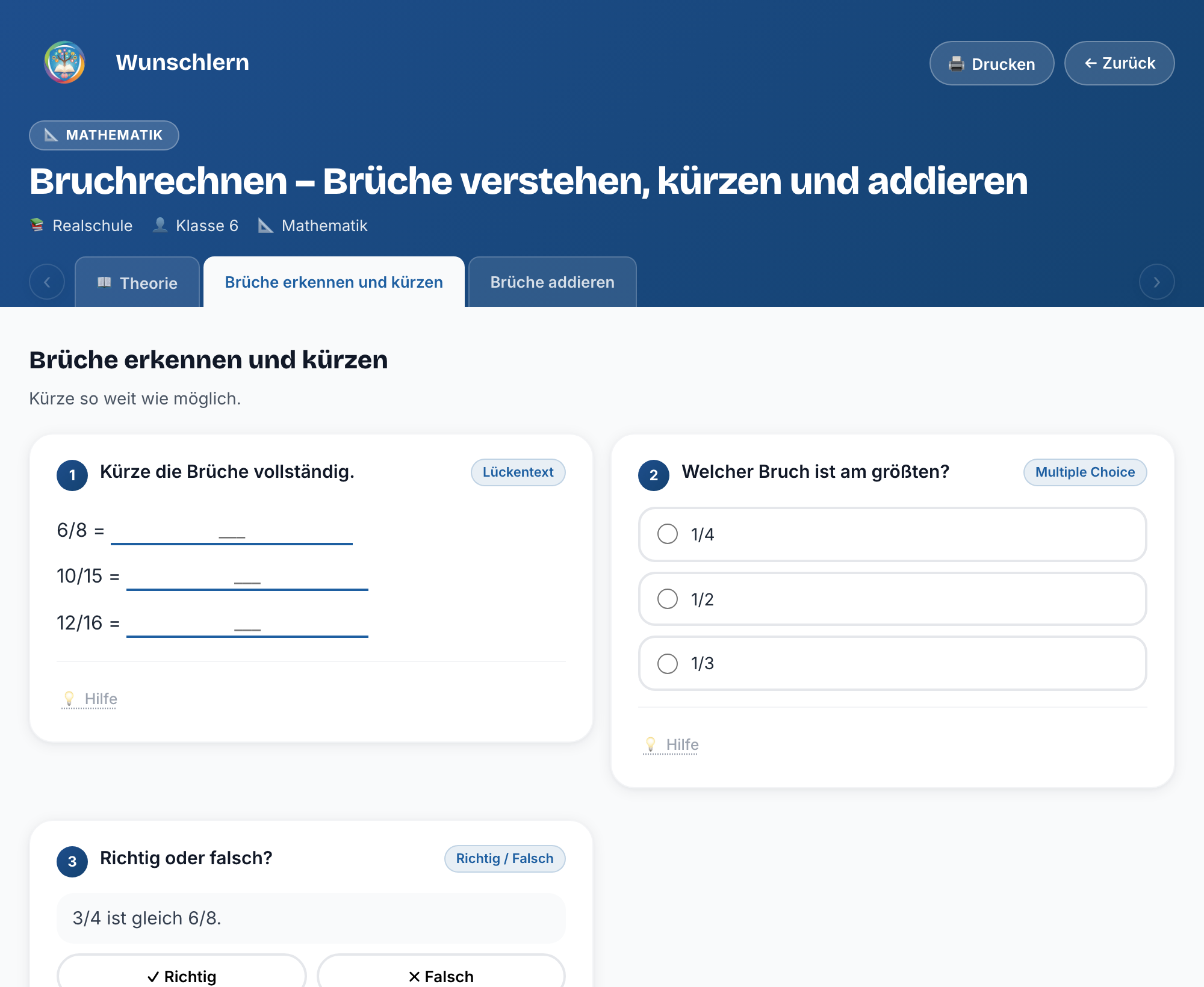 Interaktive Bruchrechnen-Aufgaben: Lückentext zum Kürzen, Multiple Choice und Richtig/Falsch