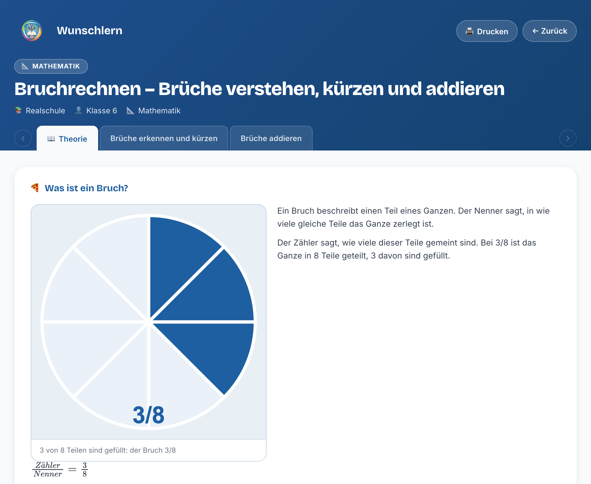 Bruchrechnen-Übungsset bei Wunschlern: Theorie mit Tortendiagramm zum Bruch 3/8