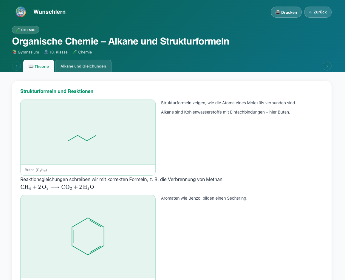 Chemie-Übungsset bei Wunschlern: Strukturformel von Butan, Reaktionsgleichung und Benzolring