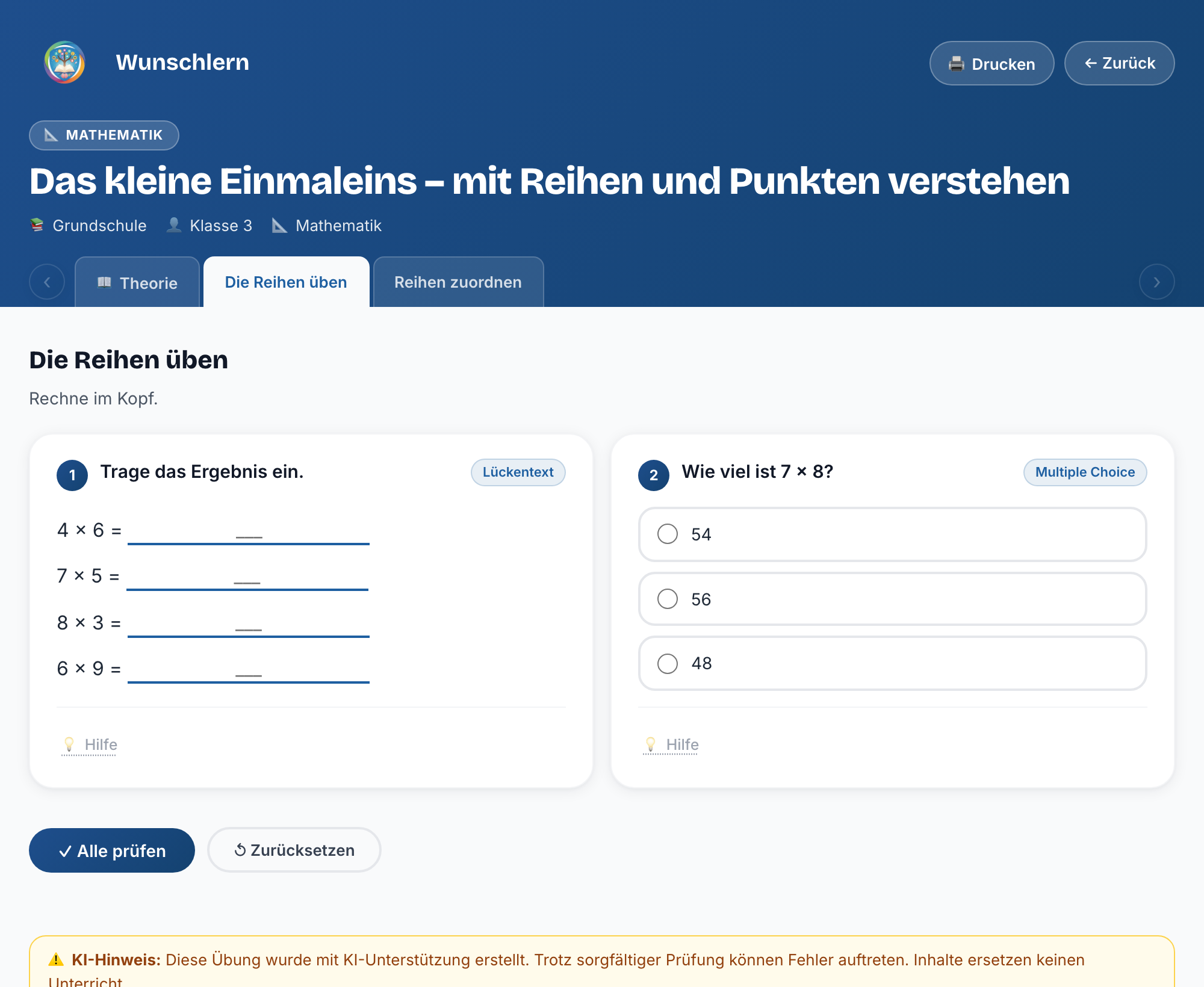 Interaktive Einmaleins-Aufgaben: Ergebnisse eintragen, Multiple Choice und Zuordnung