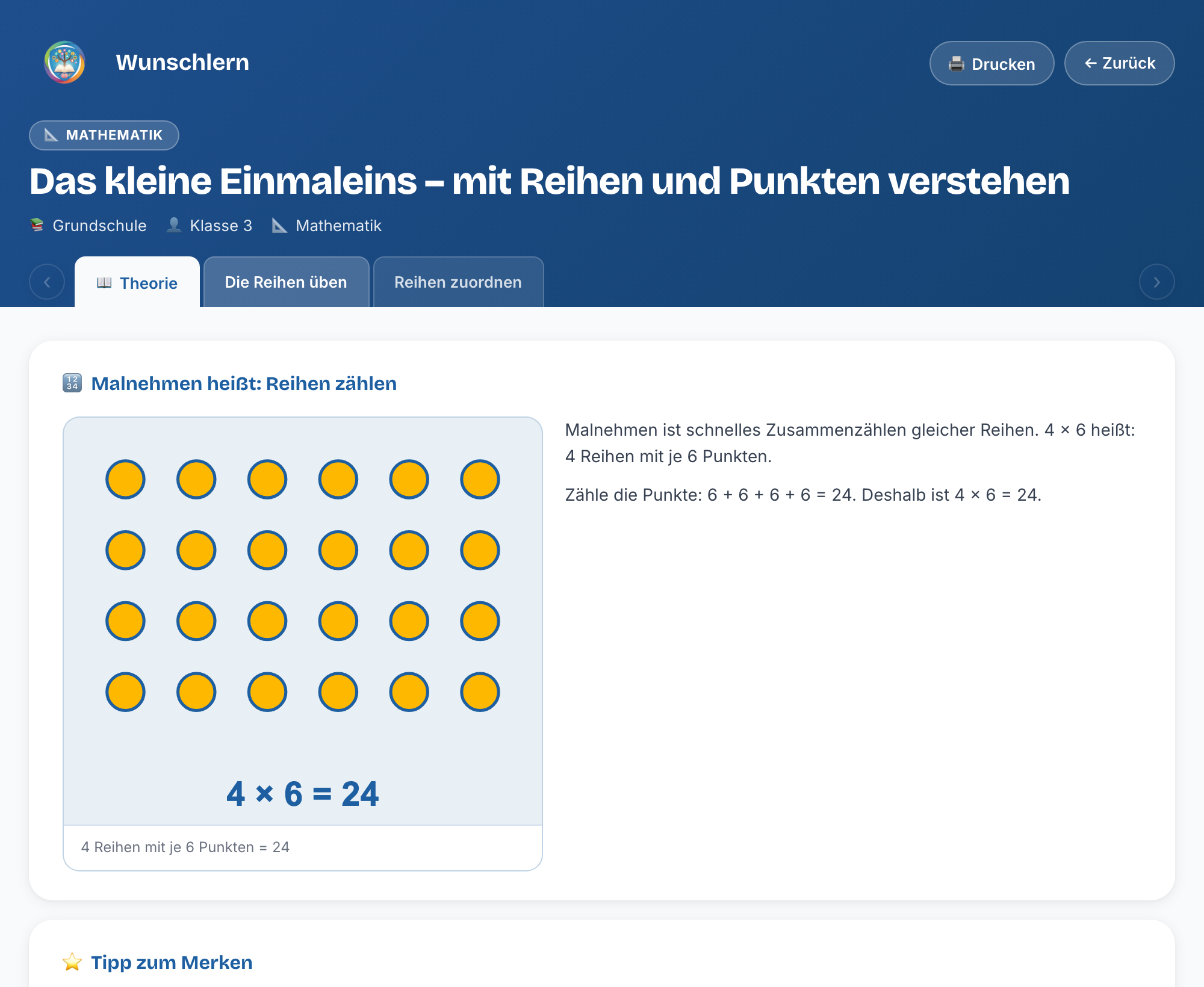 Einmaleins-Übungsset bei Wunschlern: Punkteraster zeigt 4 Reihen mit je 6 Punkten