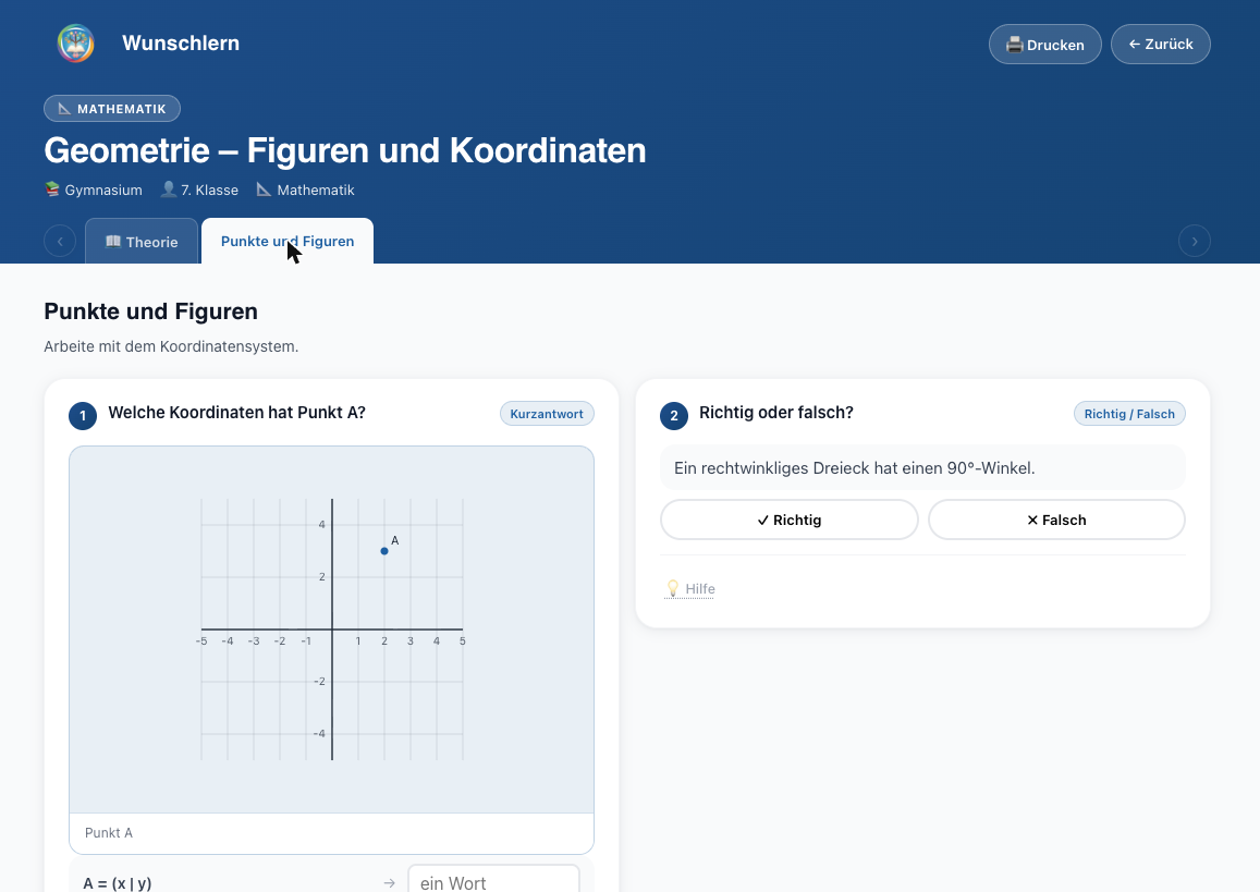 Interaktive Geometrie-Aufgaben: Koordinaten ablesen und Aussagen prüfen