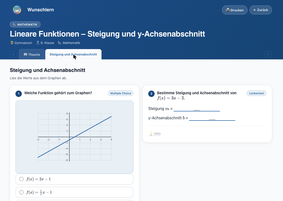 Interaktive Aufgaben zu linearen Funktionen: Funktion zum Graphen zuordnen und Steigung ablesen
