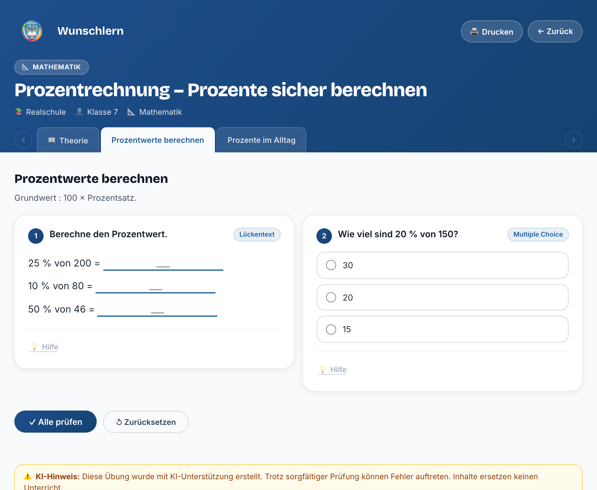 Interaktive Prozentrechnung-Aufgaben: Prozentwert eintragen, Multiple Choice und Richtig/Falsch