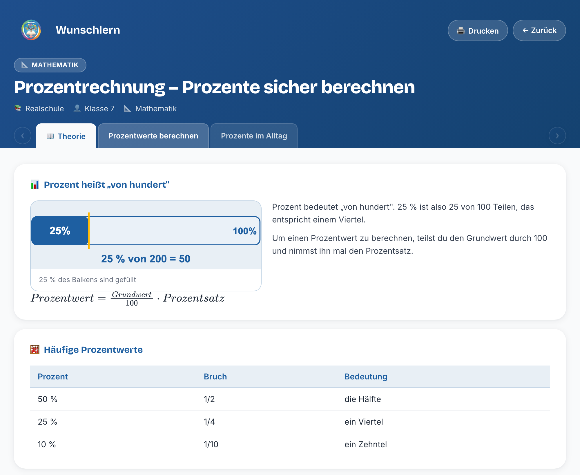 Prozentrechnung-Übungsset bei Wunschlern: Prozentbalken zeigt 25 Prozent von 200