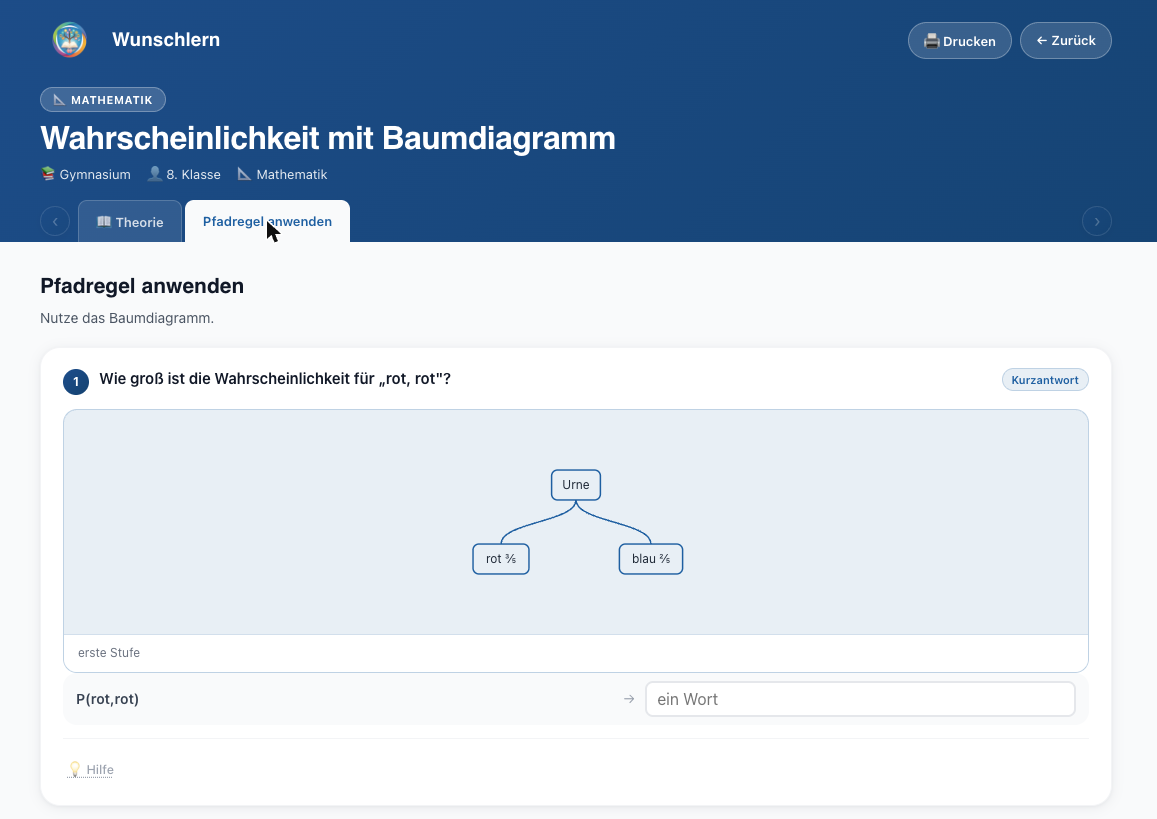 Interaktive Aufgaben zur Wahrscheinlichkeit: Pfadregel anwenden mit Baumdiagramm